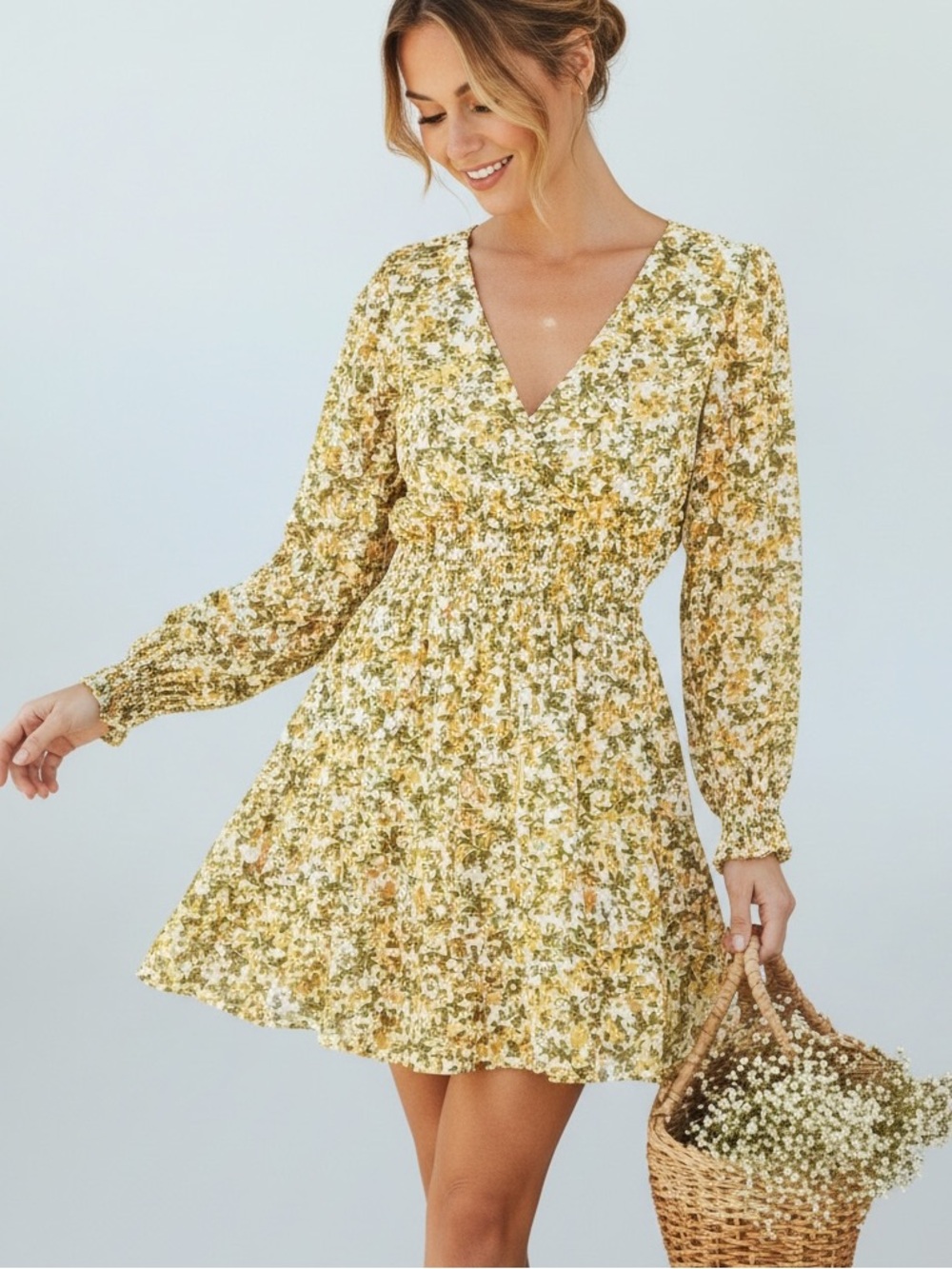 Signify Lemon Print Cottagecore V-Neck Mini Dress Puff Sleeve Size Large